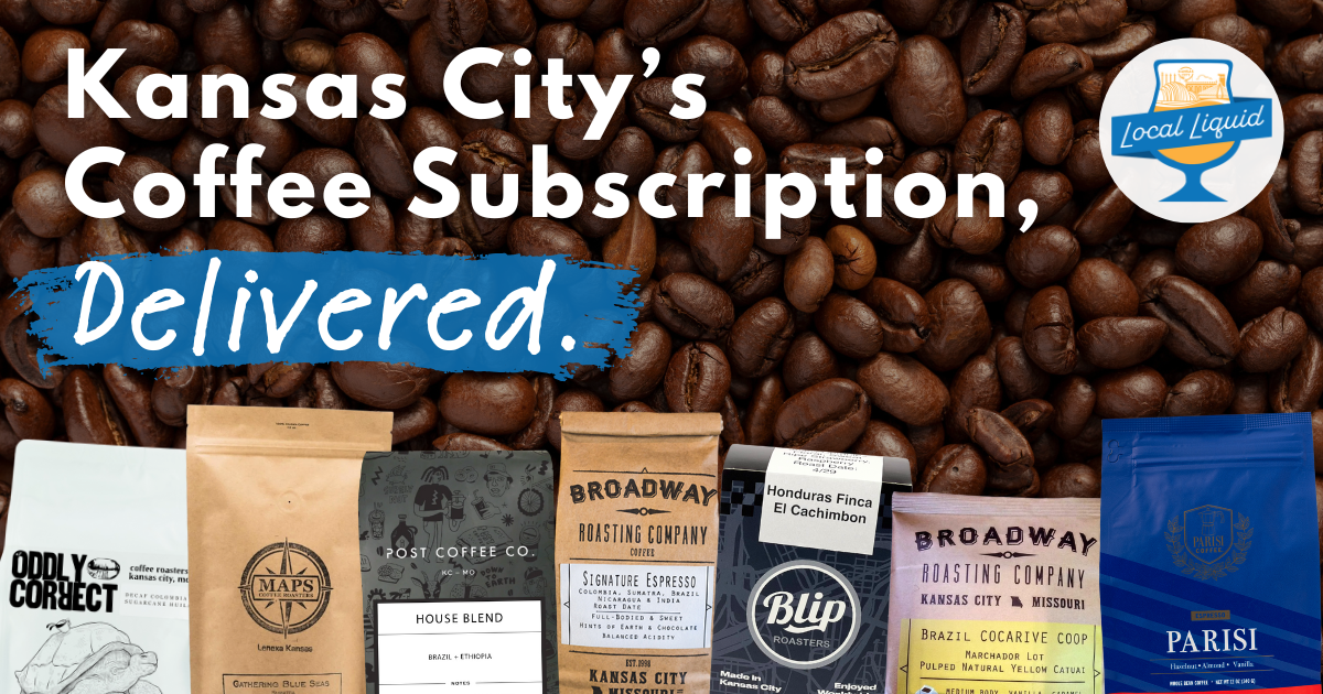 graphic with photos of bags of local coffee with an image of coffee beans in the background. text on the graphic says kansas city's coffee subscription delivered.