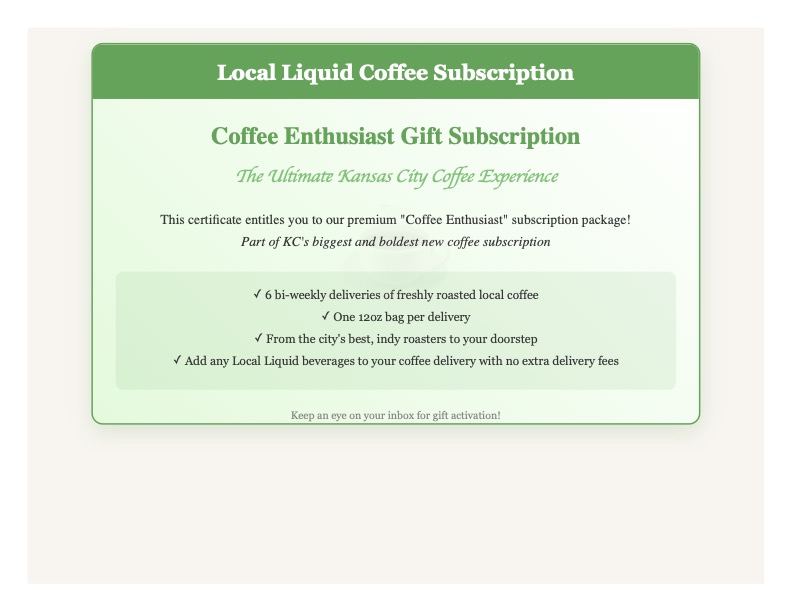 image of a certificate for the coffee enthusiast subscription. in green