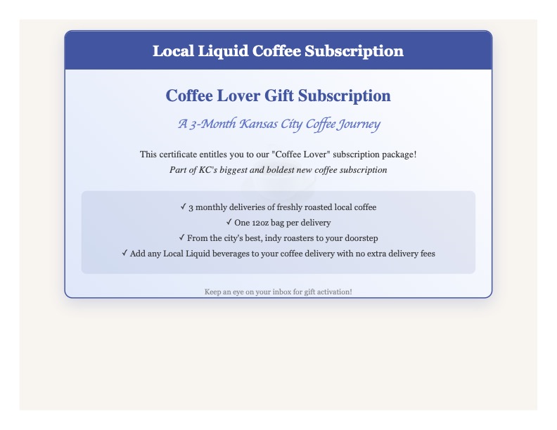 image of a certificate for the coffee lover subscription. in blue