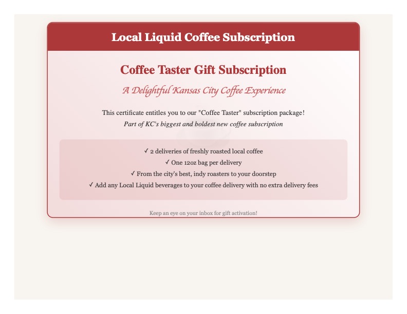 image of a certificate for the coffee taster subscription. in red