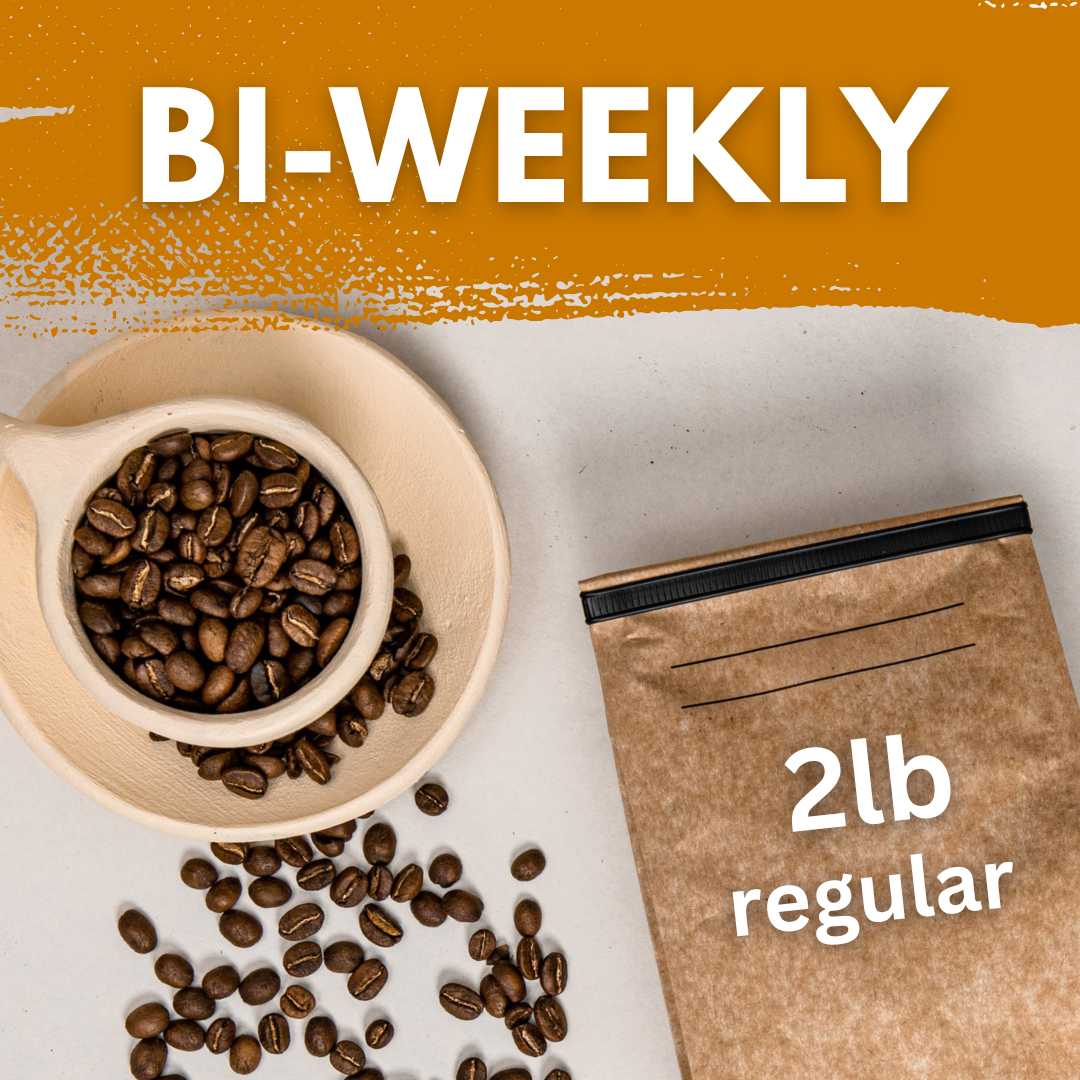 photo of coffee cup with beans and a bag. the text reads biweekly 2lb regular